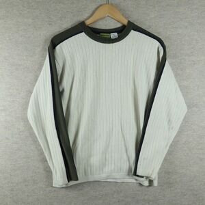 Green Dog Sweater Large Ribbed Knit 90s Vintage Racing Stripe Cream Olive Navy